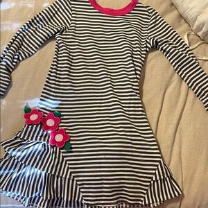 Florence Eiseman Striped Long Sleeve Dress with Floral Accents Gray and Pink